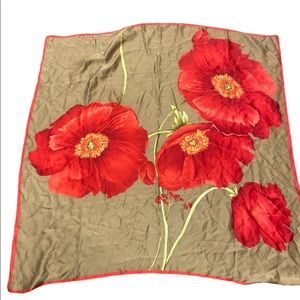 Ellen Tracy tan and red floral scarf 34” square hair wrap boho